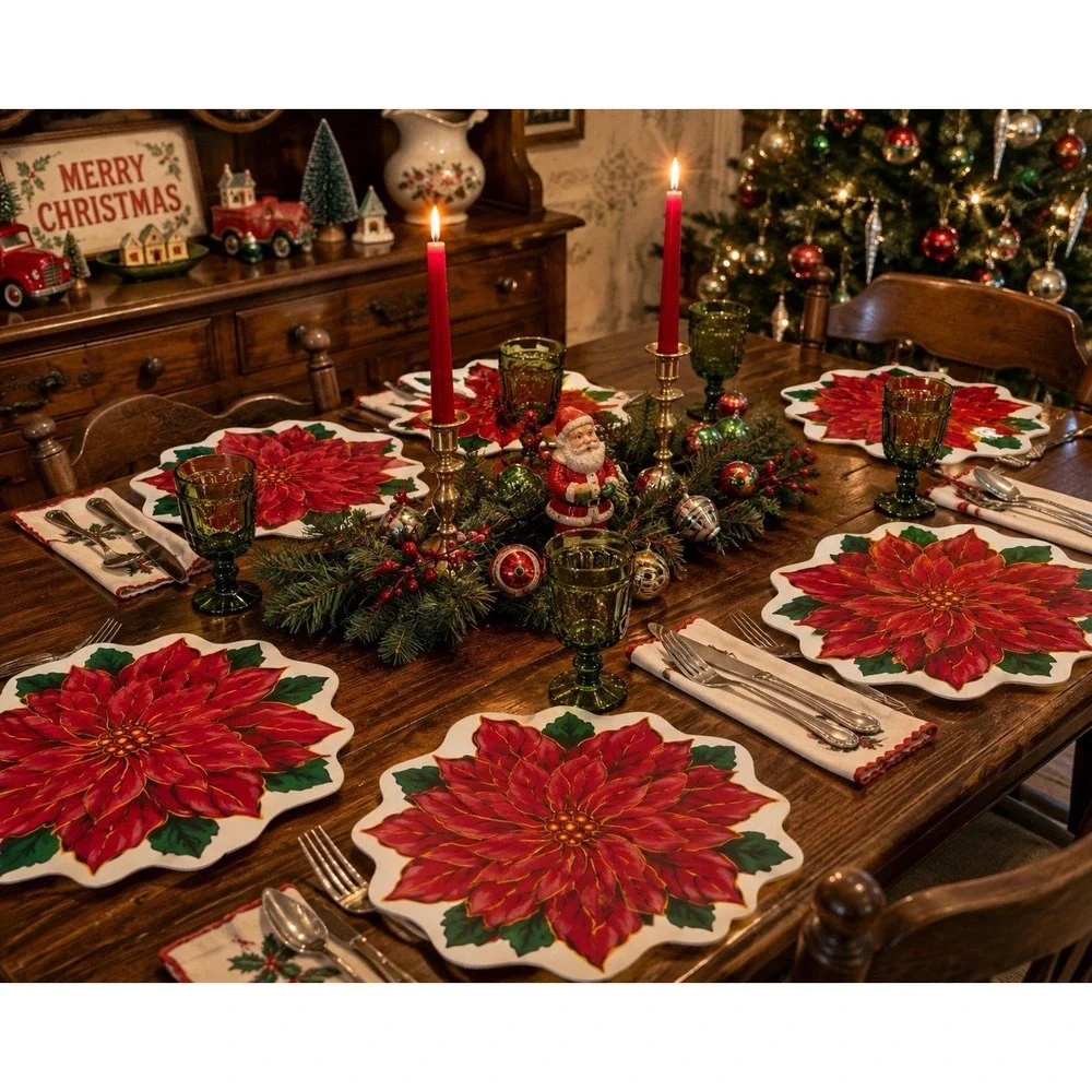 Vintage Kmart Trim A Home Poinsettia Placemats Set of 6 Plus 1 Christmas Vinyl